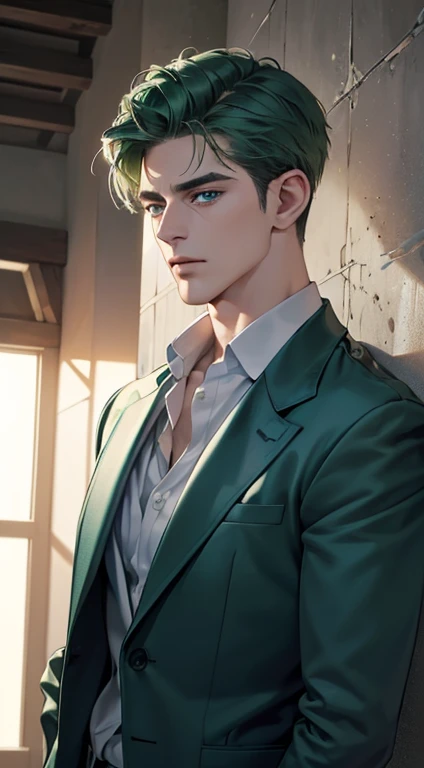 (best quality, masterpiece, 8K, photorealistic, cinematic lighting, 1:4 hdr image, ultra detailed, beautiful image), a mature man, 34 years very handsome, ((cold expression)), short green hair, blue eyes, face perfect without mistakes, ((buttoning his jacket, CEO))