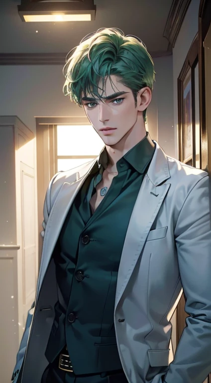 (best quality, masterpiece, 8K, photorealistic, cinematic lighting, 1:4 hdr image, ultra detailed, beautiful image), a mature man, 34 years very handsome, ((cold expression)), short green hair, blue eyes, face perfect without mistakes, ((buttoning his jacket, CEO))