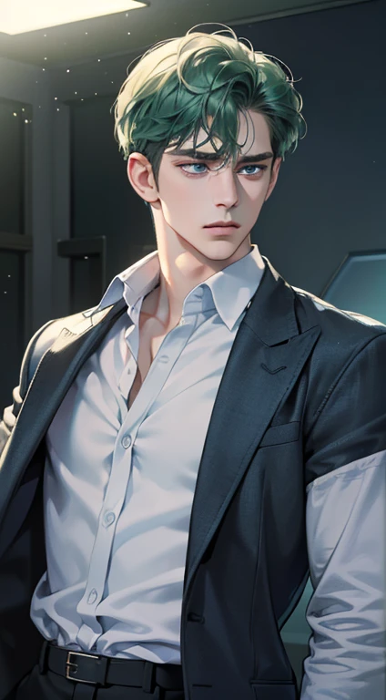 (best quality, masterpiece, 8K, photorealistic, cinematic lighting, 1:4 hdr image, ultra detailed, beautiful image), a mature man, 34 years very handsome, ((cold expression)), short green hair, blue eyes, face perfect without mistakes, ((buttoning his jacket, CEO))
