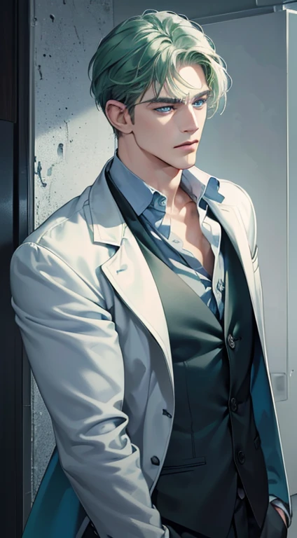 (best quality, masterpiece, 8K, photorealistic, cinematic lighting, 1:4 hdr image, ultra detailed, beautiful image), a mature man, 34 years very handsome, ((cold expression)), short green hair, blue eyes, face perfect without mistakes, ((buttoning his jacket, CEO))