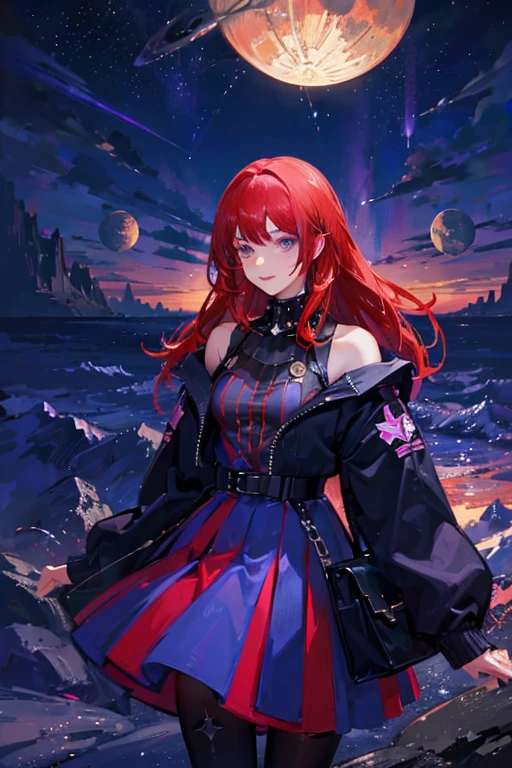 Girl, black and red hair, fantasy scene, planets, stars, blue, purple, gradient colors, contemporary outfit, high resolution, attractive view, meteors, shine, rings