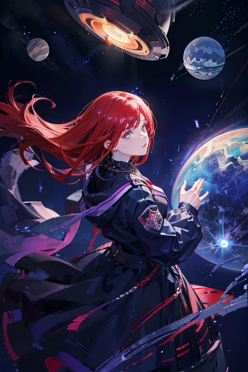 Girl, black and red hair, fantasy scene, planets, stars, blue, purple, gradient colors, contemporary outfit, high resolution, attractive view, meteors, shine, rings