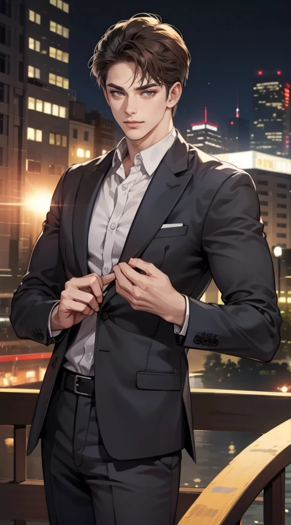 masutepiece, Best Quality, Realistic, 1man, matured male, Quiet and charming young man, 25 years old, closing eye, Serious look, extra detailed face, ((dark grey eyes)), ((Short right sweep dark brown hair)), [Thick eyebrows], detective, Within the city, ((Blue suit)), Cinematic lighting, gaze at the audience, Postural dynamics, Smirk