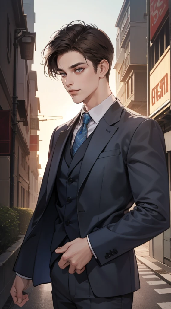 masutepiece, Best Quality, Realistic, 1man, matured male, Quiet and charming young man, 25 years old, closing eye, Serious look, extra detailed face, ((dark grey eyes)), ((Short right sweep dark brown hair)), [Thick eyebrows], detective, Within the city, ((Blue suit)), Cinematic lighting, gaze at the audience, Postural dynamics, Smirk