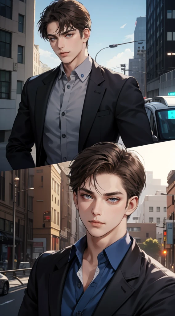 masutepiece, Best Quality, Realistic, 1man, matured male, Quiet and charming young man, 25 years old, closing eye, Serious look, extra detailed face, ((dark grey eyes)), ((Short right sweep dark brown hair)), [Thick eyebrows], detective, Within the city, ((Blue suit)), Cinematic lighting, gaze at the audience, Postural dynamics, Smirk