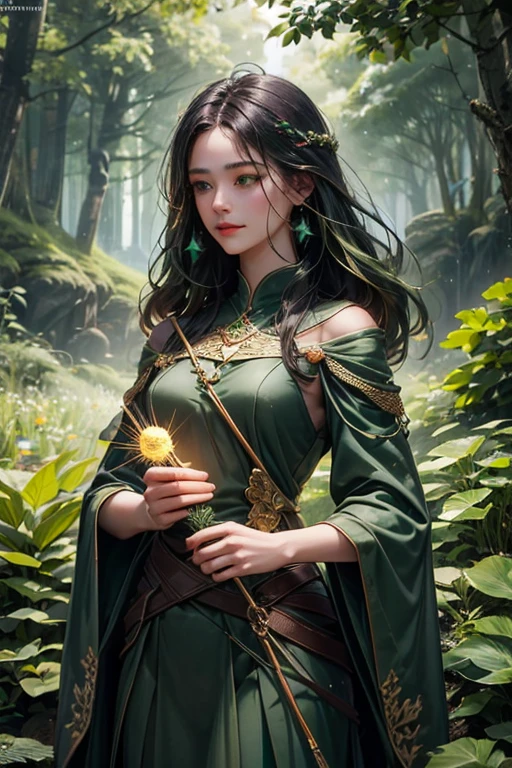 "Create an ultra-realistic image of a beautiful 15-year-old girl holding a magical staff that radiates the essence of nature. She should be dressed in a refined, ((((((dark green)))))) shaded outfit that reflects her deep connection to the natural world. Surround her with elements of nature, such as vibrant plants, blooming flowers, and serene forest scenery, showcasing her command over this element. Include a distinct nature symbol on her body, signifying her role as the keeper of nature and illustrating the powerful, nurturing energy of nature she holds within her."