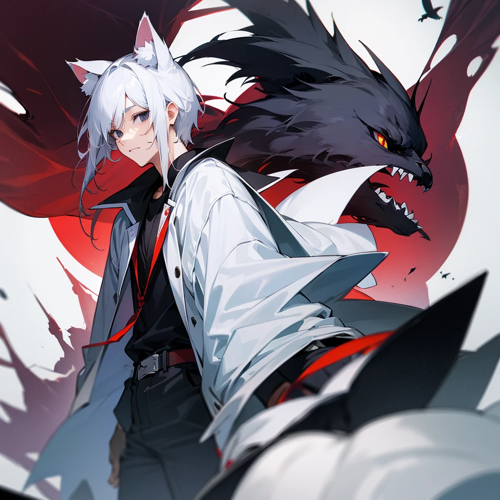 high school student,man,white hair,cat ears,black eyes,Crow