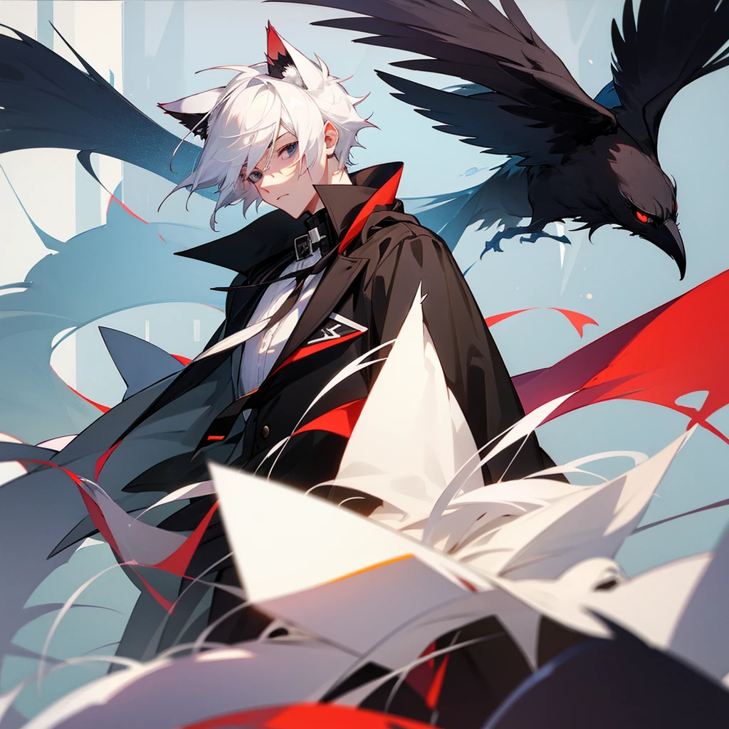 high school student,man,white hair,cat ears,black eyes,Crow