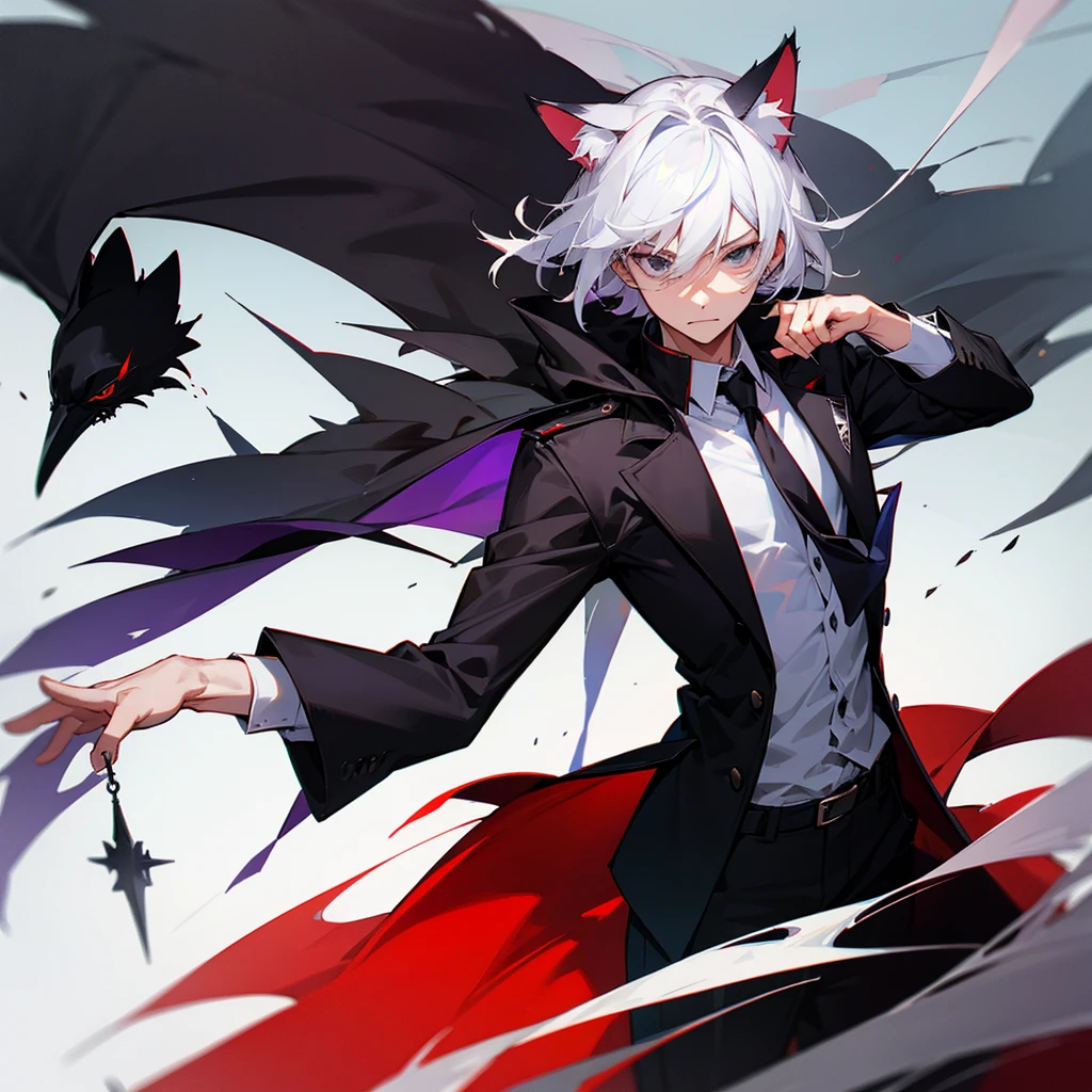high school student,man,white hair,cat ears,black eyes,Crow
