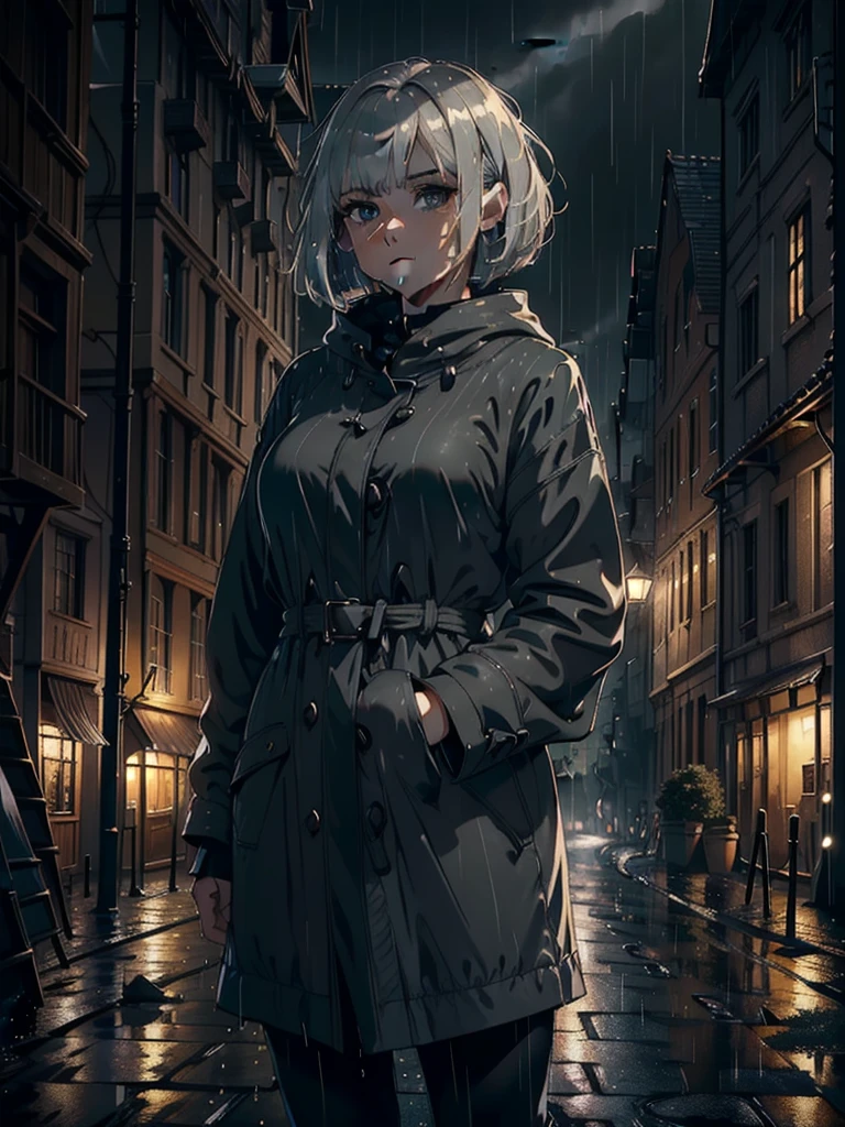 ((masterpiece)), ((best quality)), (ultra-detailed), ((extremely detailed)), 4K, (8K), best quality, a beautiful woman, ((beautiful light gray hair)), shiny hair, ((bob cut)), light blue eyes, freckled skin, 20 years old,
From directly across, upper body, ((night, warm street, dark)), deserted city, standing in middle of street, ((black rencoat, rain, heavy rain, raindrops visible)),