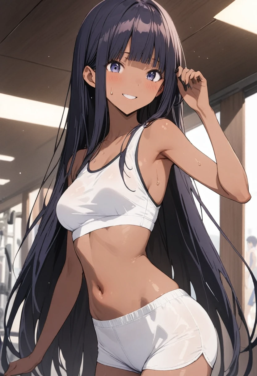 (((masterpiece, Highest quality:1.5,absurdres))),25 year old beauty,(dark blue hair),((very small head:1.3)),long hair,bangs,dark blue eyes,gorgeous eyes,smile,medium breasts,((very long body:1.3)),((toned body,slender body)),skinny,(((tan skin:1.3))),gleaming skin,shiny skin,sweat,(White sports bra、navel、White sports shorts)、During training、sports gym、