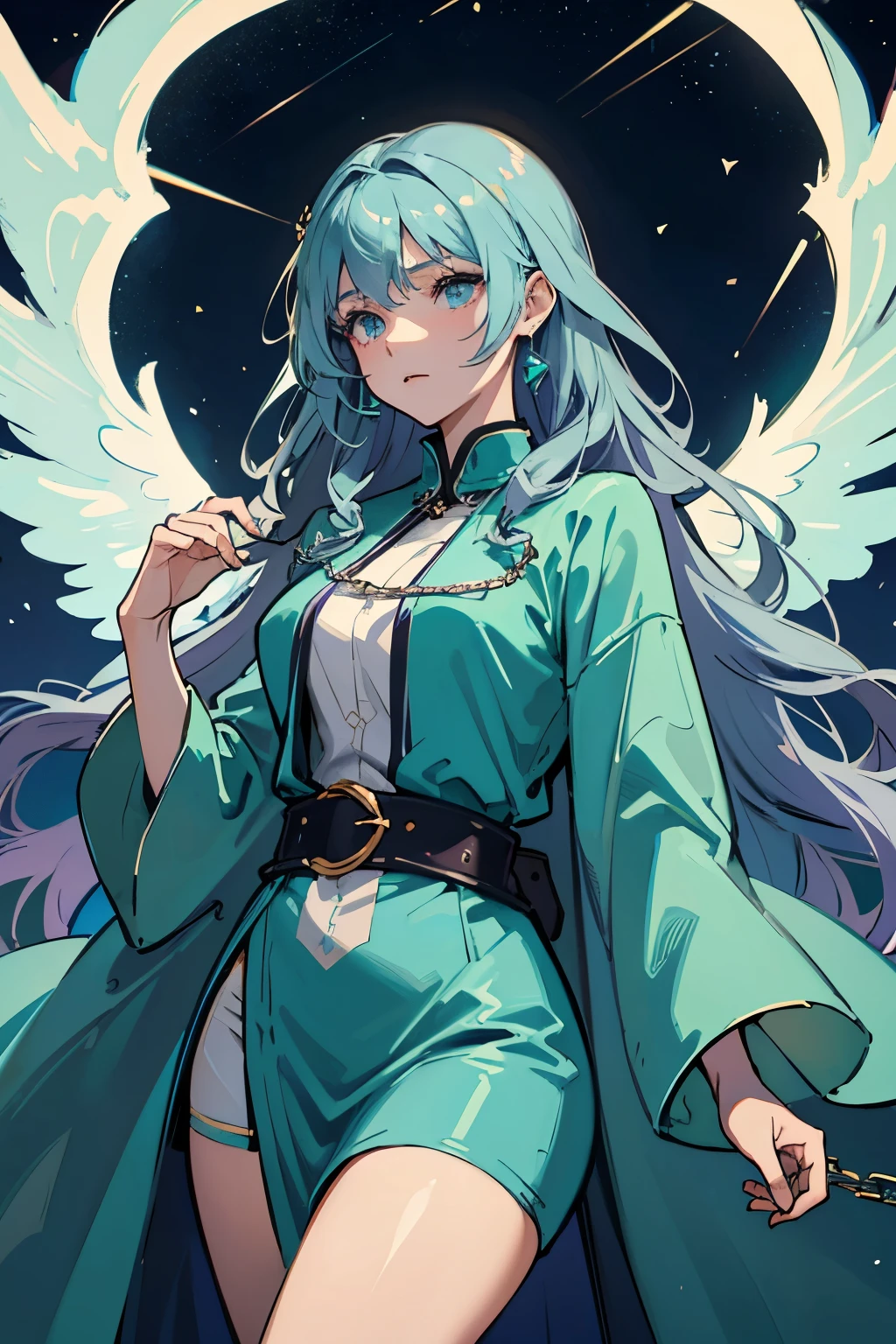 woman, slender but very curvy, skin is bronze, hair is wavy long and purple with blue tips, eyes are seafoam green, wears flowing and modest robes, lots of belts and chain jewelry, inquisitive expression, has large angel wings, shooting stars
