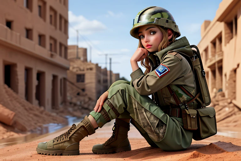 High resolution,high quality,Perfect body,Perfect Face,Perfect Fingers,Beautiful Skin,One girl,Camouflage colored helmet,Large camouflage uniform,Mud brick building,Collapsed buildings,Sitting down,Tired look