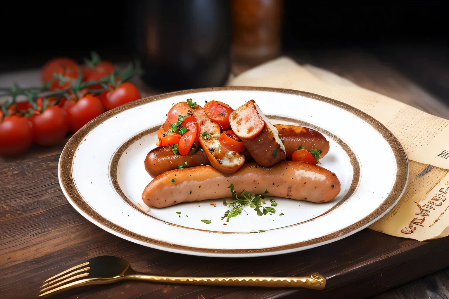 there are sausages on a plate with tomatoes and herbs on the side, sausages, chorizo sausage, nugget and sausage on plate, sausage, anonymous as a sausage, sausage hair, sausage, High-quality food photography, Wolfgang Reit (Wolfgang Letti) of inspiration, Good quality, Inspired by Eugène Boudin, Professional Food Photography, Polish food, pork, Romanian
