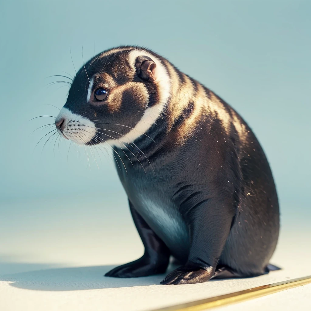 Small Animaly, generate rabbit mixed with seal, (the skin is gold), has blue stripes on his skin, white eyes, Grassroots, no background 