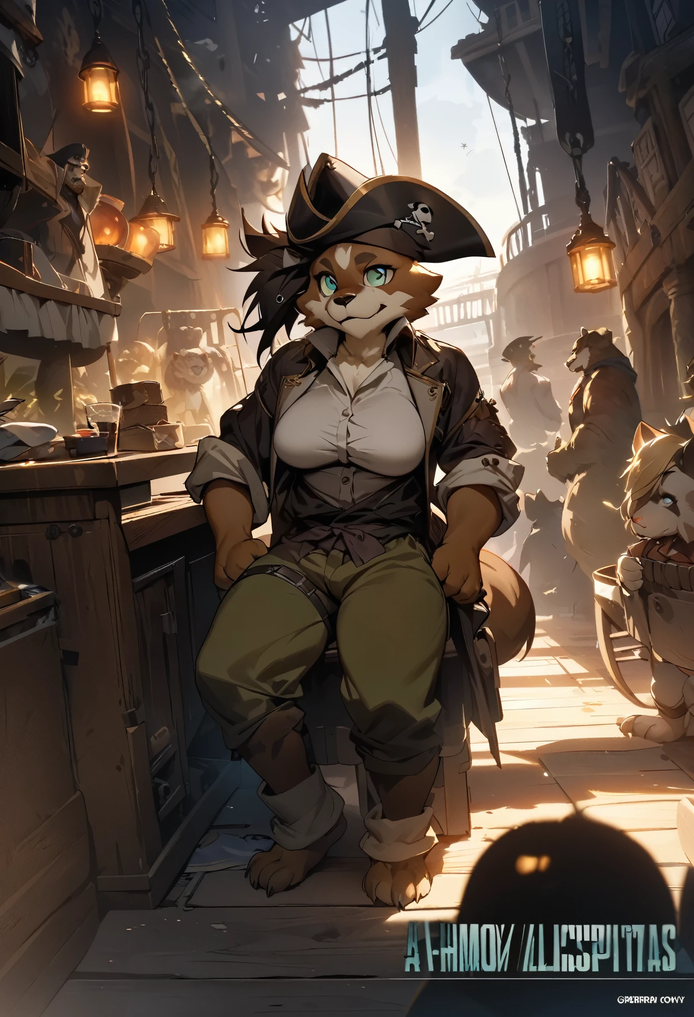 cover page, highres, top quality, best quality, paid reward available, unparalleled masterpiece, perfect artwork, absurdres, High-quality illustrations, super high resolution, detailed background, perfect anatomy(kemono, furry anthro, boy, girl)Hospitals with power outages, Spooky creatures, Pirate Ship, a pirate,  good lighting, cinematic shadow,