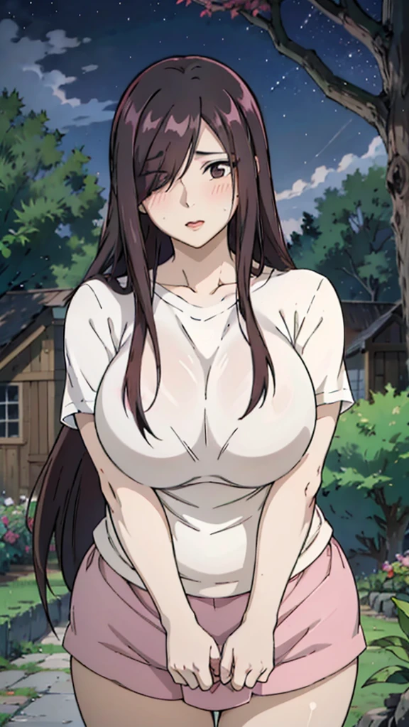 Cute mommy, mature women, realistic skin,perfect ,black hair, long hair, (hair over one eye:1.4), messy hair, hair between eyes, oversize shirt,pink mini skirt, chubby,plump,fat,pucker lips,cute shy blush on,garden, under tree,night