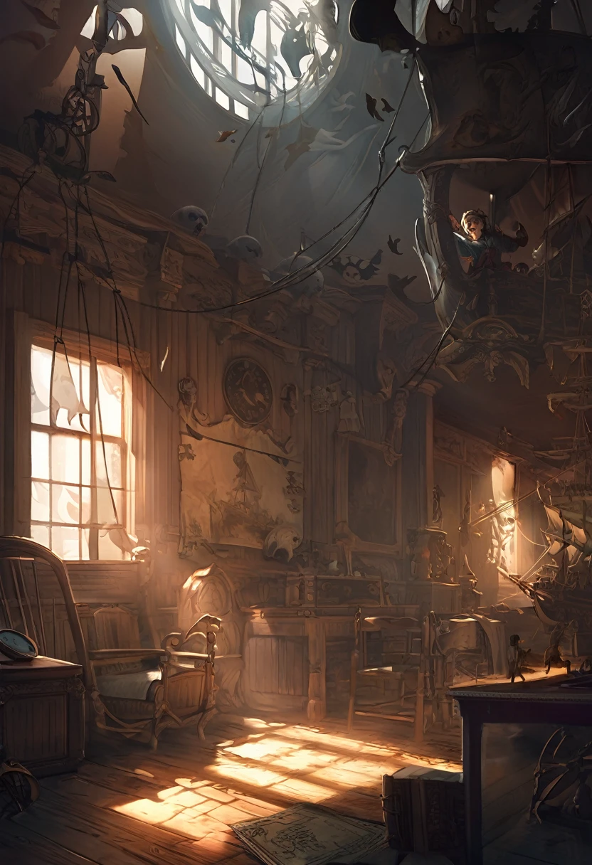 cover page, highres, top quality, best quality, paid reward available, unparalleled masterpiece, perfect artwork, absurdres, High-quality illustrations, super high resolution, detailed background, perfect anatomy(kemono, furry anthro, boy, girl)Hospitals with power outages, Spooky creatures, Pirate Ship, a pirate,  good lighting, cinematic shadow,