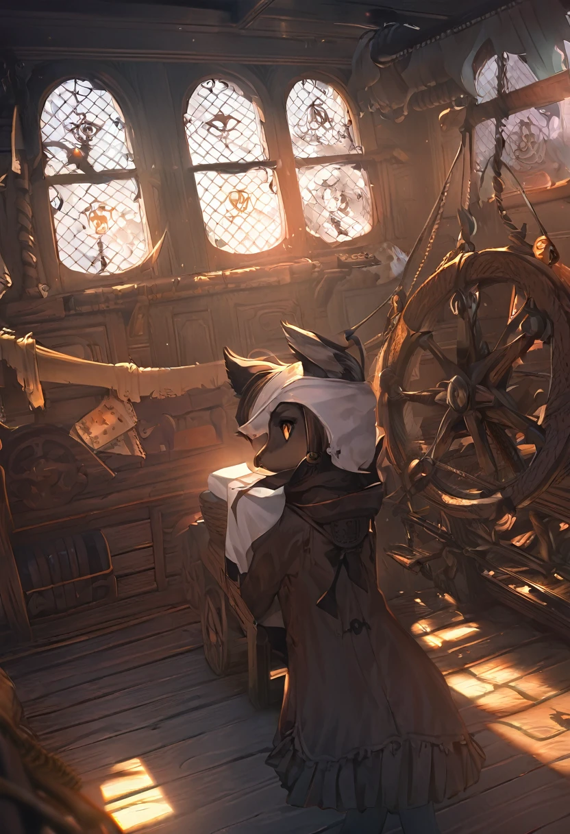 cover page, highres, top quality, best quality, paid reward available, unparalleled masterpiece, perfect artwork, absurdres, High-quality illustrations, super high resolution, detailed background, perfect anatomy(kemono, furry anthro, boy, girl)Hospitals with power outages, Spooky creatures, Pirate Ship, a pirate,  good lighting, cinematic shadow,