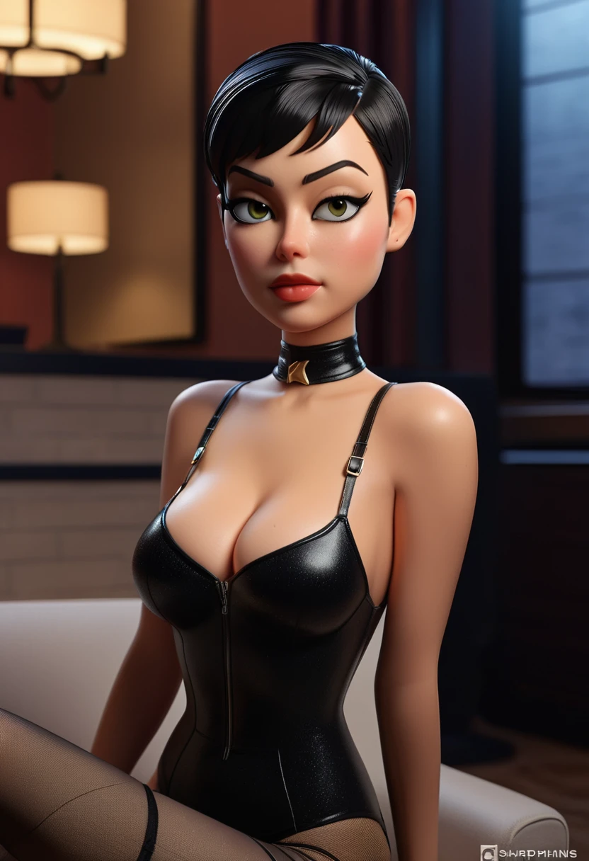 Isabella Merced, pixie_cut hair, choker,  catwoman outfit, Instagram pattern pose, confident, huge breasts: 1.3, perfect anatomy, perfect symmetry: 1.2, realistic face: 1.2, perfect face, content, confident, black hair, very detailed and dramatic, Cinematic lighting, Lighting scene, soft lights, tanned skin, black stockings, Professional whole body photo, (Photo 4k:1.1) by (Jeremy Lipking:0.3), (Dittmann Anna:0.3), (Cecile:0.3), (sharp focus:1.3), high detail