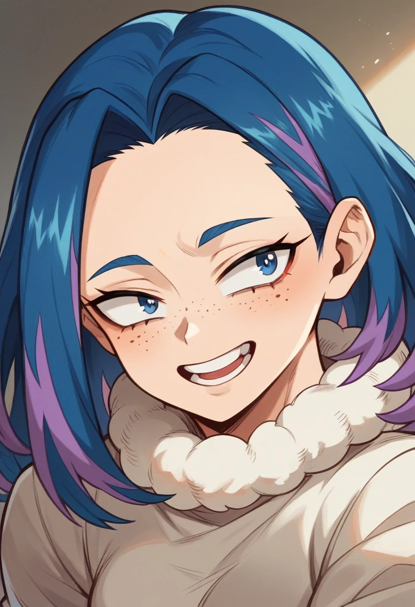 Screenshot of My Hero Academia, a girl with, long dark navy blue hair with bright purple highlights , with sapphire blue eyes and purple spots with freckles and a tender and happy look wearing the UA style boku no hero academia