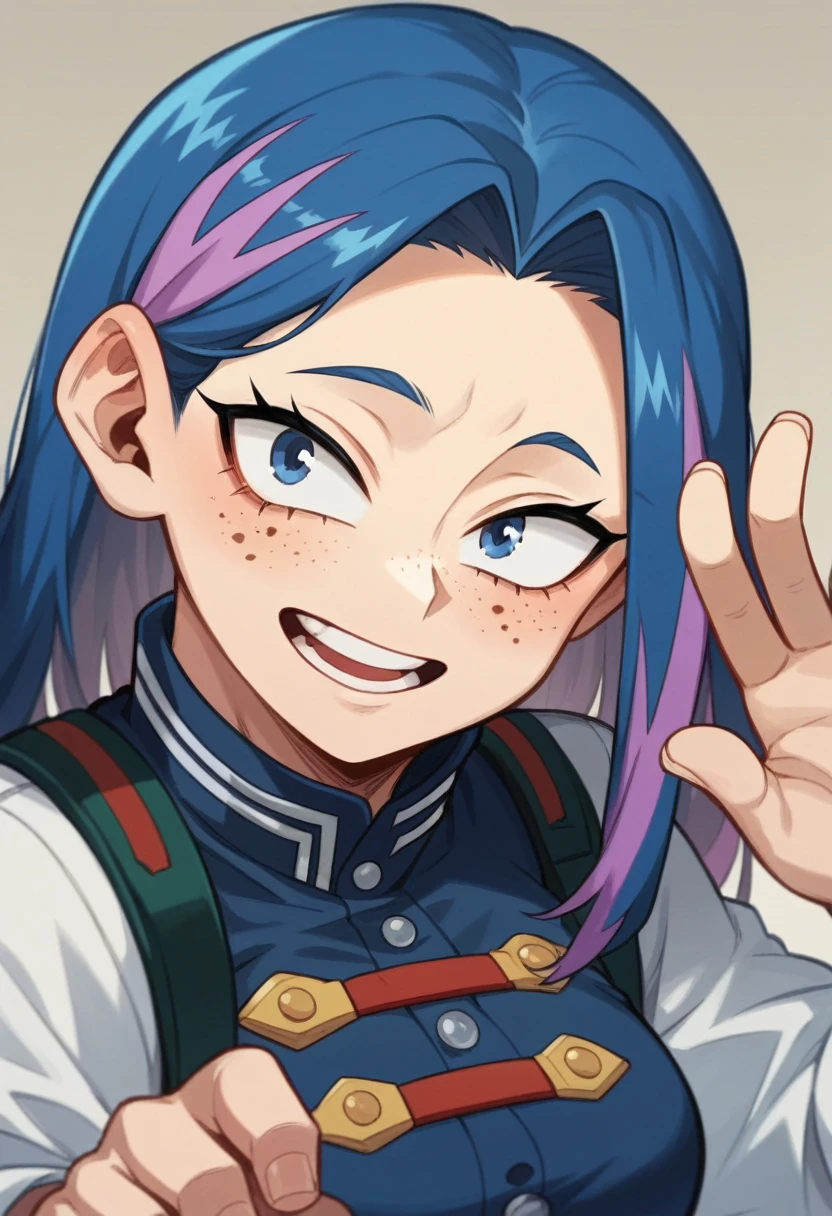 Screenshot of My Hero Academia, a girl with, long dark navy blue hair with bright purple highlights , with sapphire blue eyes and purple spots with freckles and a tender and happy look wearing the UA style boku no hero academia