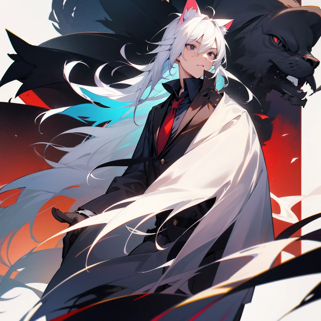 high school student,man,white hair,cat ears,black eyes,Crow
