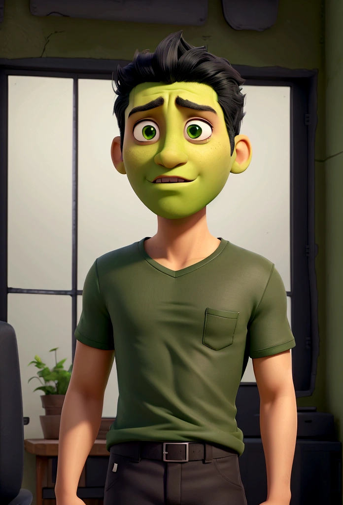 man Green skin, black hair, worried expression. Clothing: Dark green t-shirt with a red X, gray pants. Occupation: Former television actor, now villain