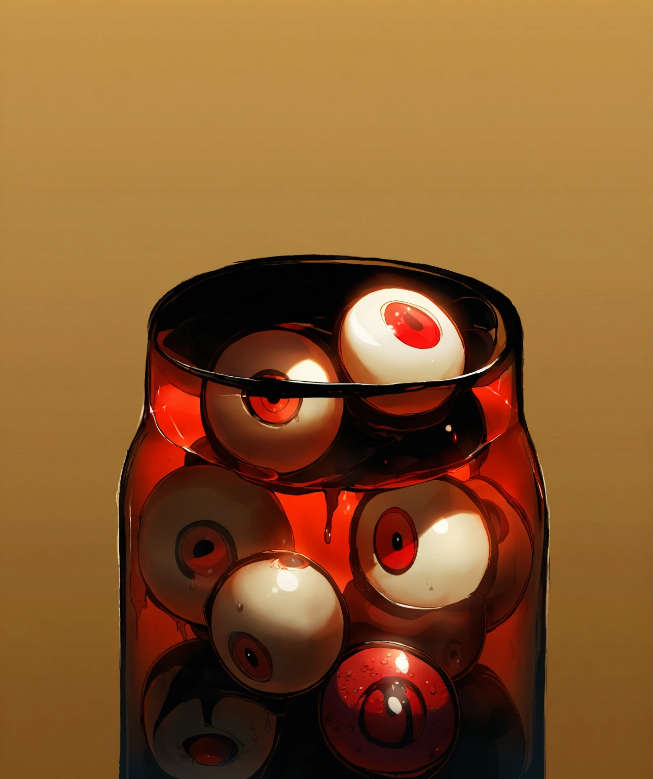 a glass jar filled with eyeballs, eyeballs, blood, early morning