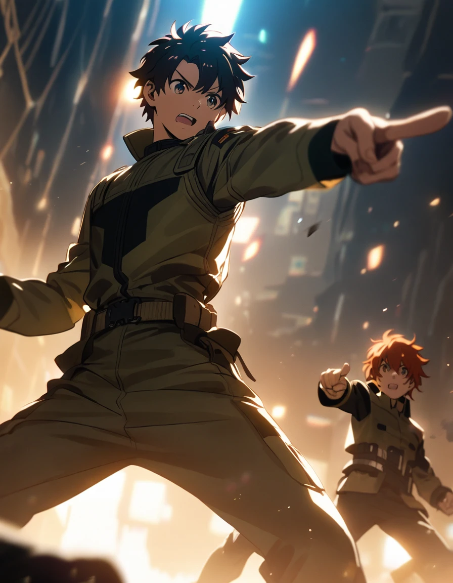 ( boy, Fujimaru ritsuka(male), ), combat uniform, (cinematic lighting), pointing finger, action 