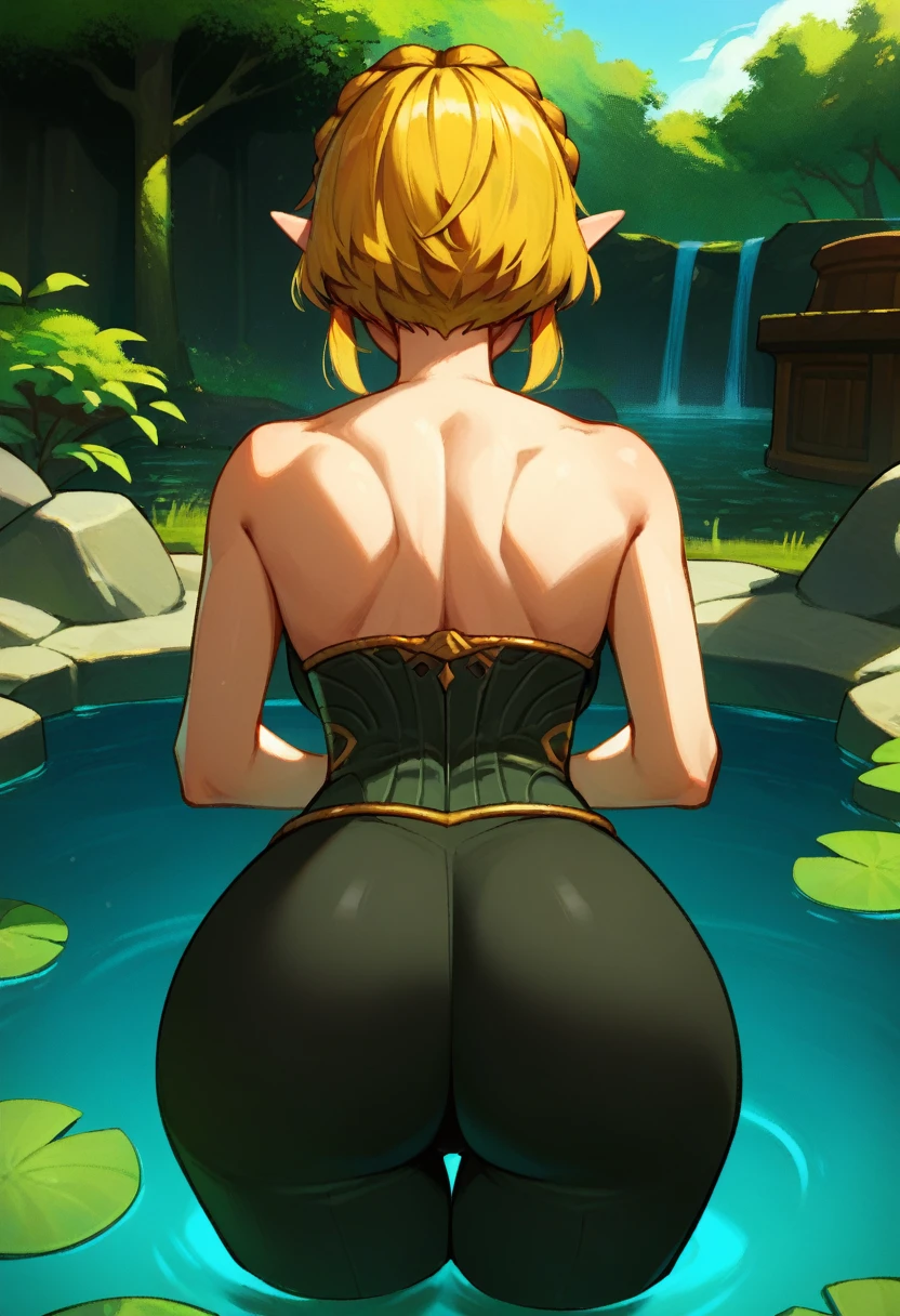 best quality, olhos expressivos, rosto perfeito, short hair, blonde girl, Onze, Zelda Princesa, roupas de princesa zelda, A Lenda de Zelda, Totk, black pants, facing away from viewer, big ass