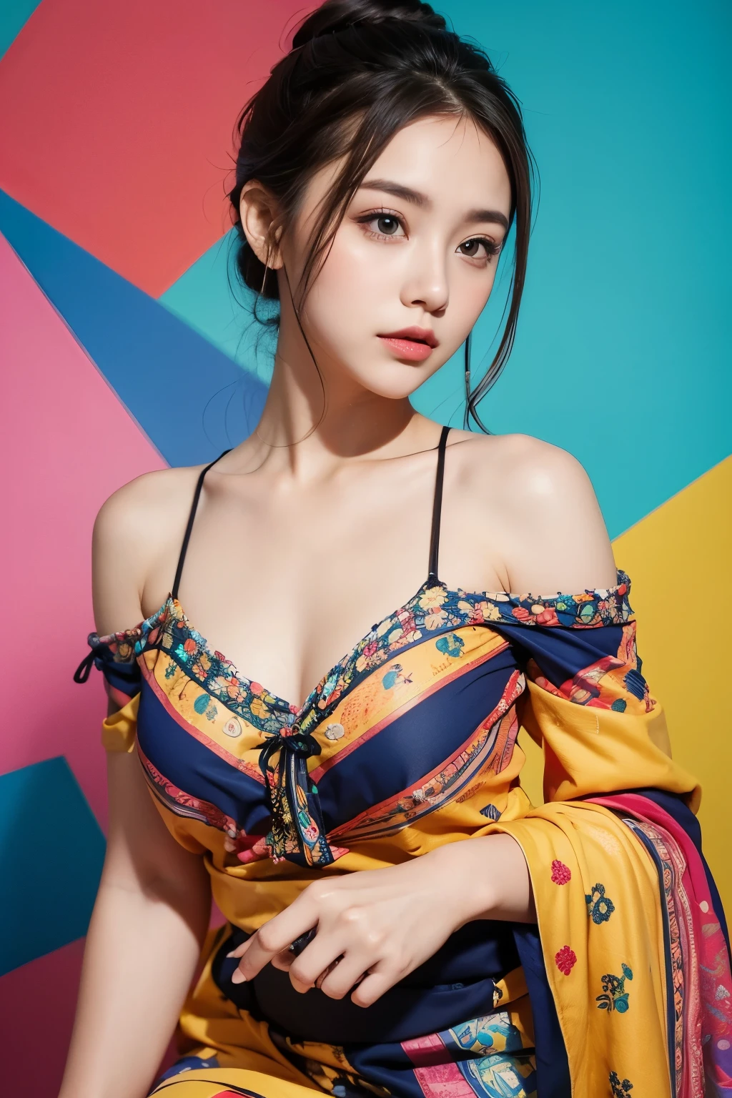 Beautiful woman on colorful background,