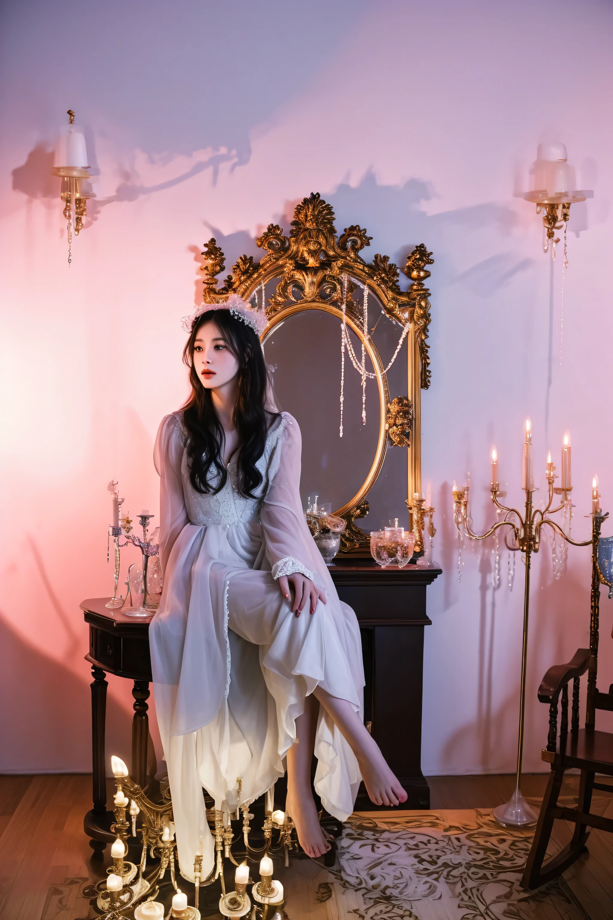 araffe woman sitting on a table with candles and a mirror, a stunning young ethereal figure, soft ethereal lighting, dreamy atmosphere and drama, ethereal fairytale, rococo queen, a still of an ethereal, belle delphine, ethereal and dreamy, by Ayami Kojima, pale young ghost girl, high res, in a dark dusty parlor, haunting beautiful young woman