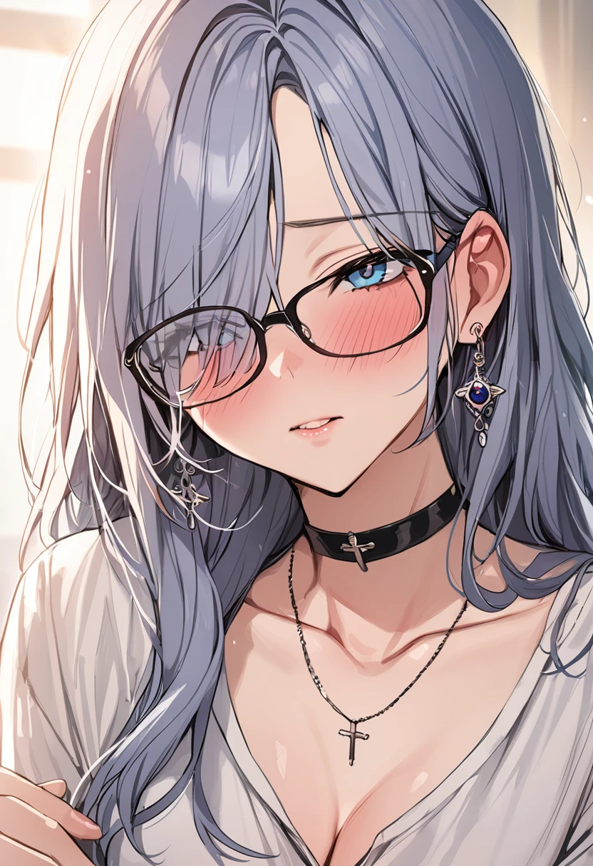 (masterpiece, best quality, extremely detailed:1.3) BREAK 1girl, good hand, long hair, wavy hair, hair over one eye, glasses, choker, cross necklace, earrings, (sapphire eyes, nearly torn white shirt,blush, portrait, (shoujo-style:1.2)