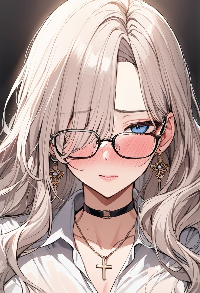 (masterpiece, best quality, extremely detailed:1.3) BREAK 1girl, good hand, long hair, wavy hair, hair over one eye, glasses, choker, cross necklace, earrings, (sapphire eyes, nearly torn white shirt,blush, portrait, (shoujo-style:1.2)