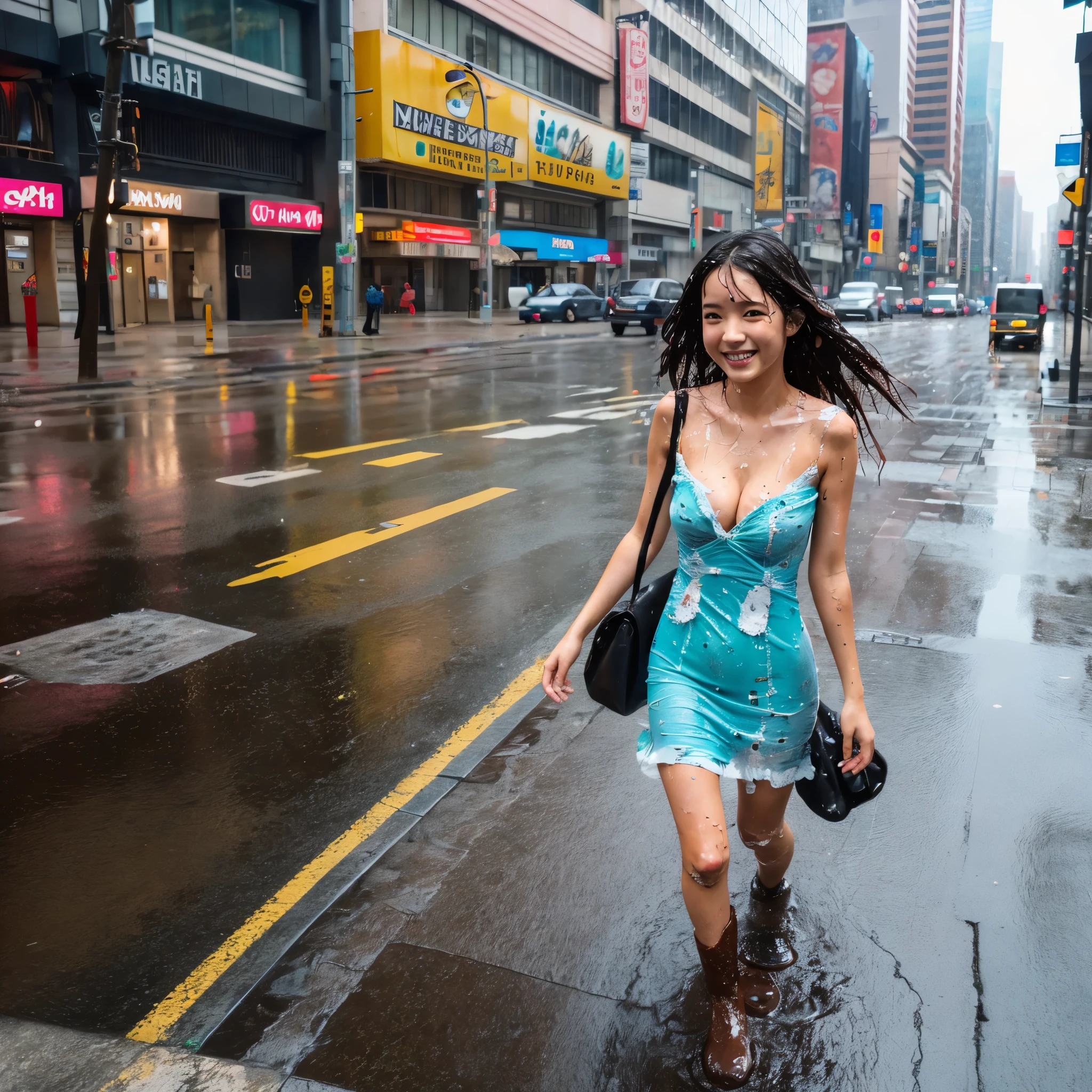 She walks alone on the sidewalks of a big city lined with buildings ,drenched, Dripping, Wet Face,Wet clothes, Wet Skin, Wet Hair,A young woman with a cute face like an idol,Smiling Kindly,((Cleavage)),(((A dress that melts and disappears when it gets wet))),(((A melted and tattered dress))),((Full body portrait)),RAW Photos,Genuine,Genuine,High resolution,RAW Photos,masterpiece, beautiful