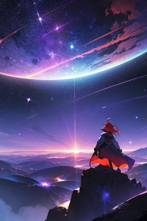 Black and red hair, fantasy scene, planets, stars, blue, purple, gradient colors, contemporary outfit, high resolution, attractive view, meteors, glitter, rings