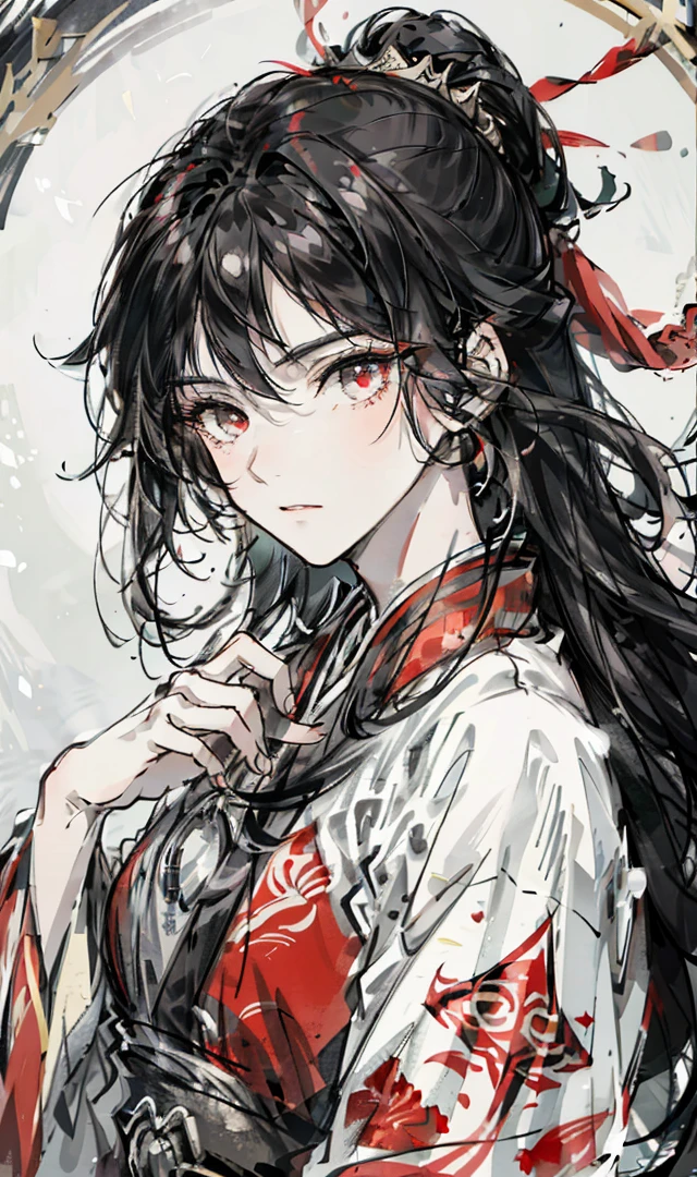 Mature girl, black hair, floating hair, delicate eyes, red pupils, heroine, black and red antique damask hanfu, FOV, f1.8, masterpiece, complex scene, gorgeous portrait shot,more details,Icy stare,