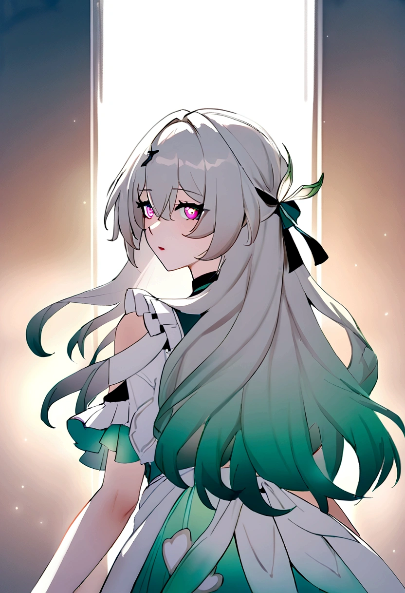 from back, look a side, nuked apron, white apron, kitcken backround, girl, solo, firefly (honkai: star rail), (firefly (honkai: star rail) face), very long hair, two-tone hair ((Isabelline and dark green) (color Isabelline in up hair), gradient eyes (blue or green), heart-shaped pupils,