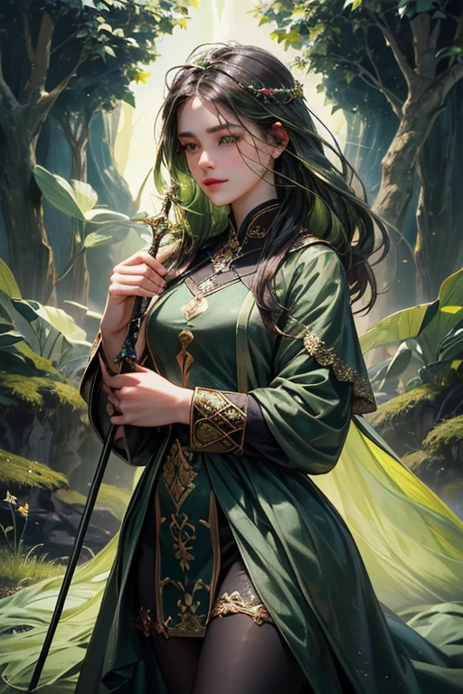 "Create an ultra-realistic image of a beautiful **************** holding a magical staff that radiates the essence of nature. She should be dressed in a refined, ((((((dark green)))))) shaded outfit that reflects her deep connection to the natural world. Surround her with elements of nature, such as vibrant plants, blooming flowers, and serene forest scenery, showcasing her command over this element. Include a distinct nature symbol on her body, signifying her role as the keeper of nature and illustrating the powerful, nurturing energy of nature she holds within her."