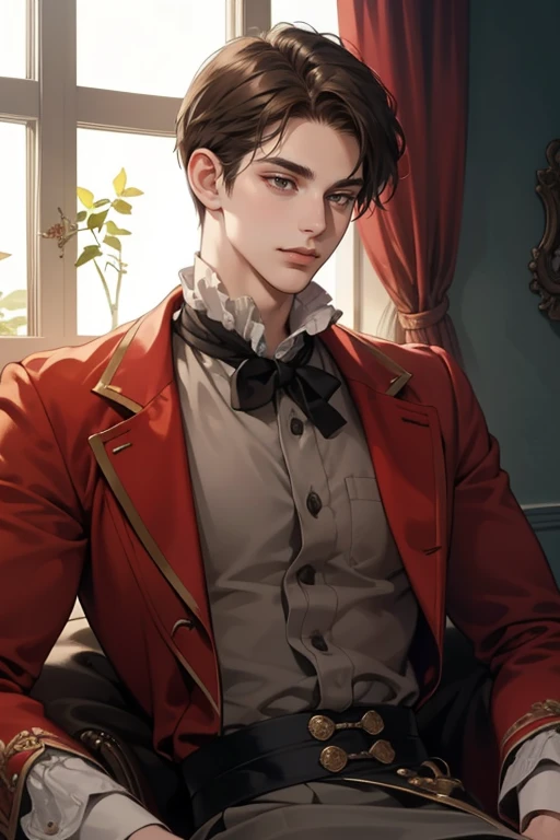 masterpiece, best quality, realistic, 1man, mature male, quiet and charming young man, 25 years old, close his eyes, extremely detailed face, ((dark grey eyes)), ((short-right-swept dark brown hair)), [thick eyebrows], prince, cinematic lighting, looking at the audience, posture dynamics, victorian era, smirk　Background Transparent
