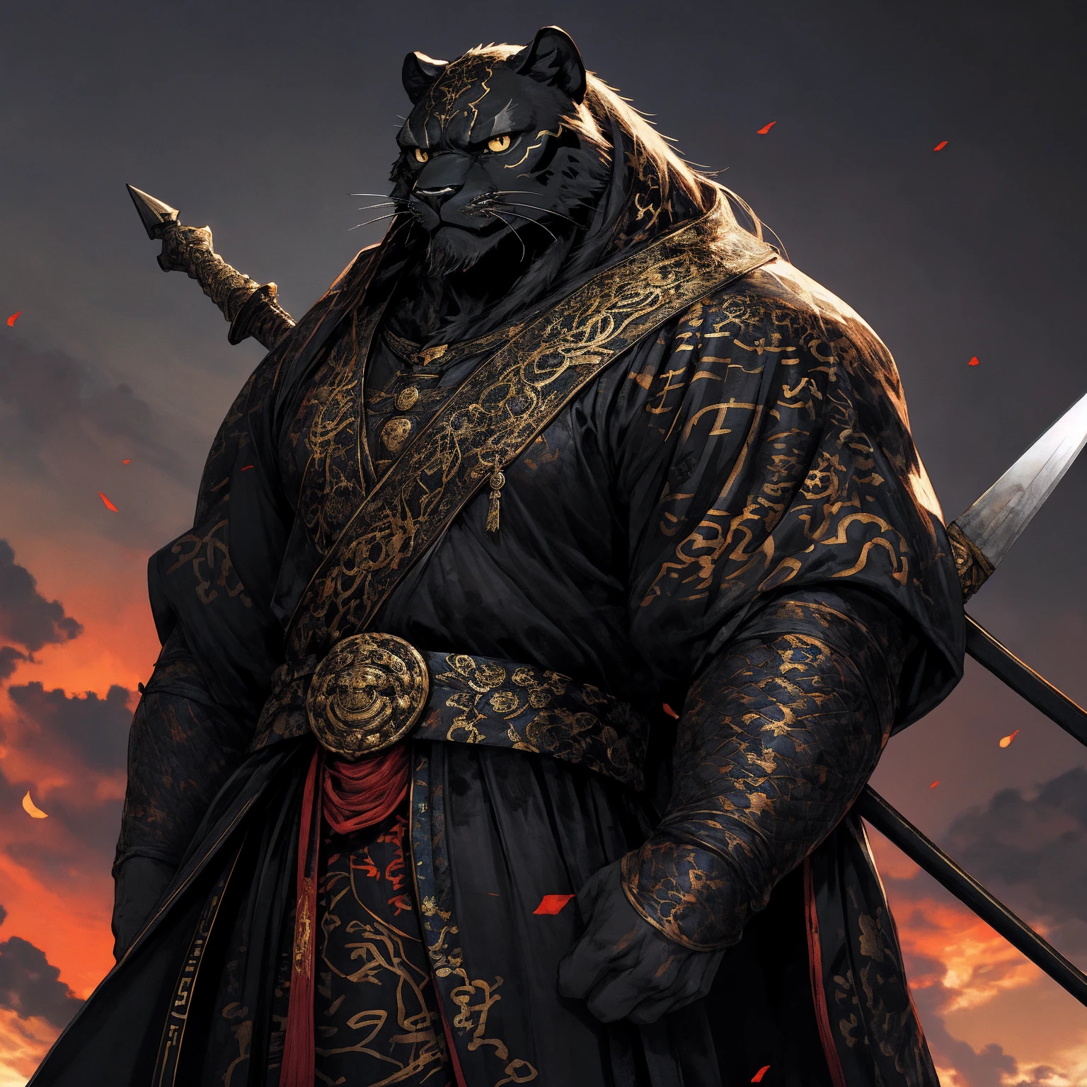 (Black Panther),(Black combat robe),Holding a spear,Powerful gesture,Stand confidently and proudly,Chinese style general holding a sword looking into the distance Longcheng middle-aged serious face beard,Strong,muscle,(high resolution:1.3)