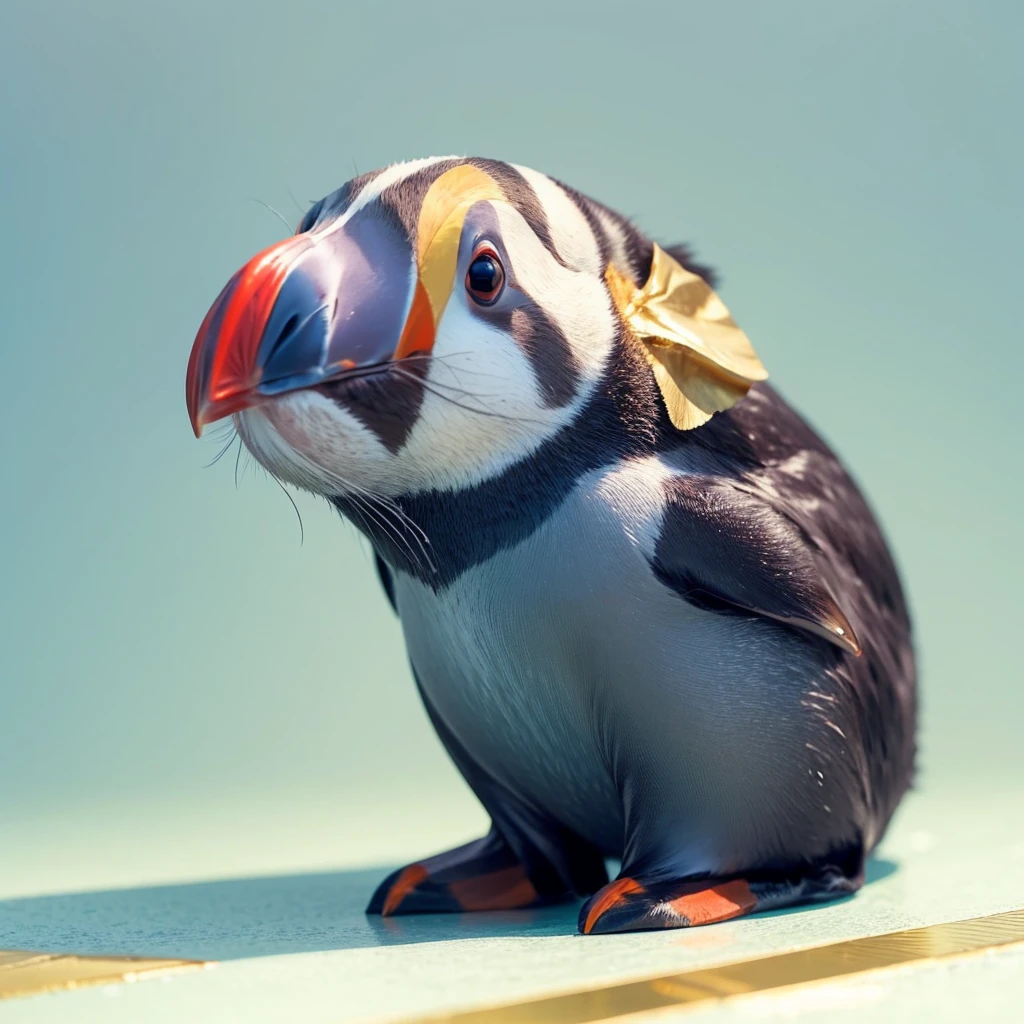 Small Animaly, generate rabbit mixed with seal, (the skin is gold), has blue stripes on his skin, white eyes, Grassroots, no background, (Puffin head)