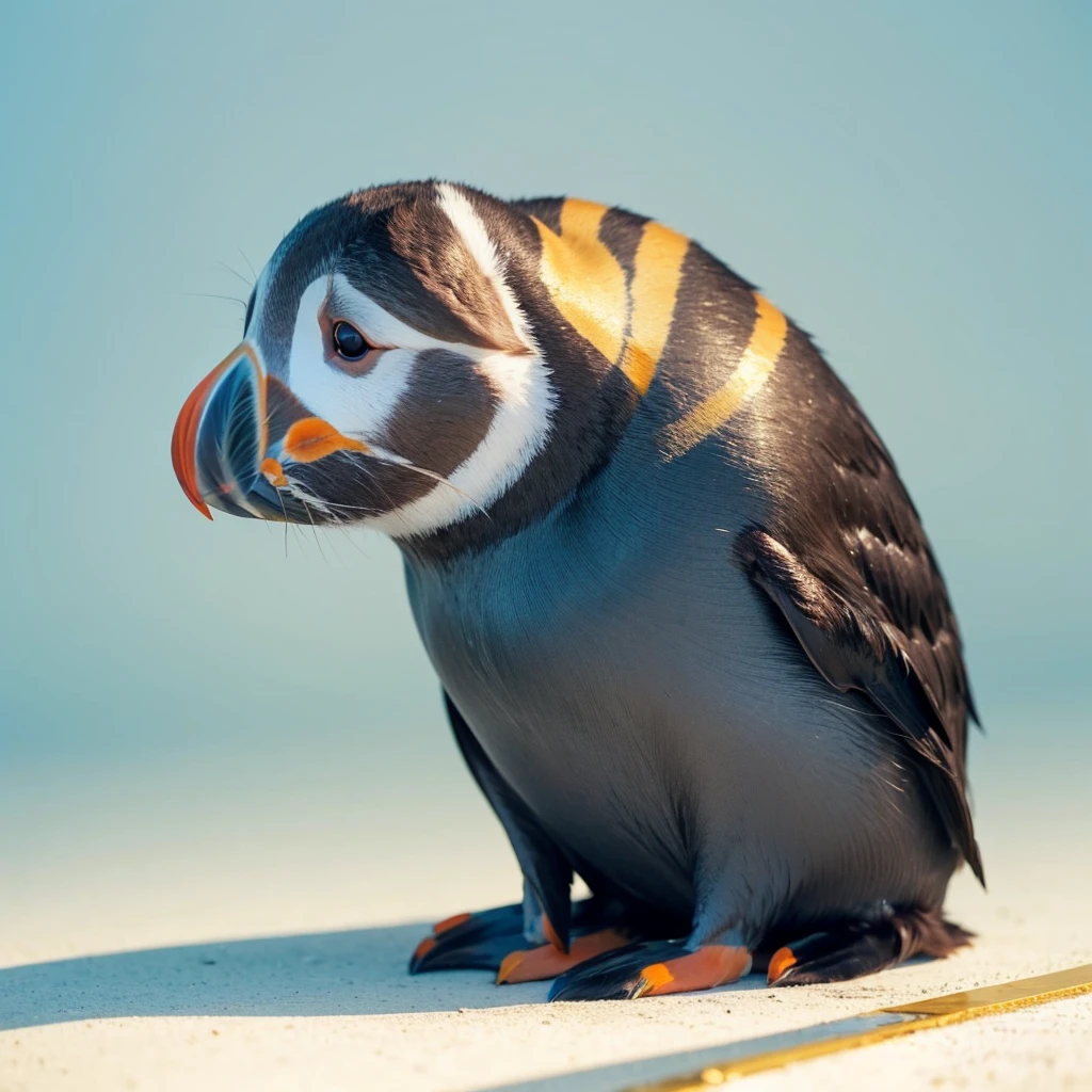 Small Animaly, generate rabbit mixed with seal, (the skin is gold), has blue stripes on his skin, white eyes, Grassroots, no background, (Puffin head)