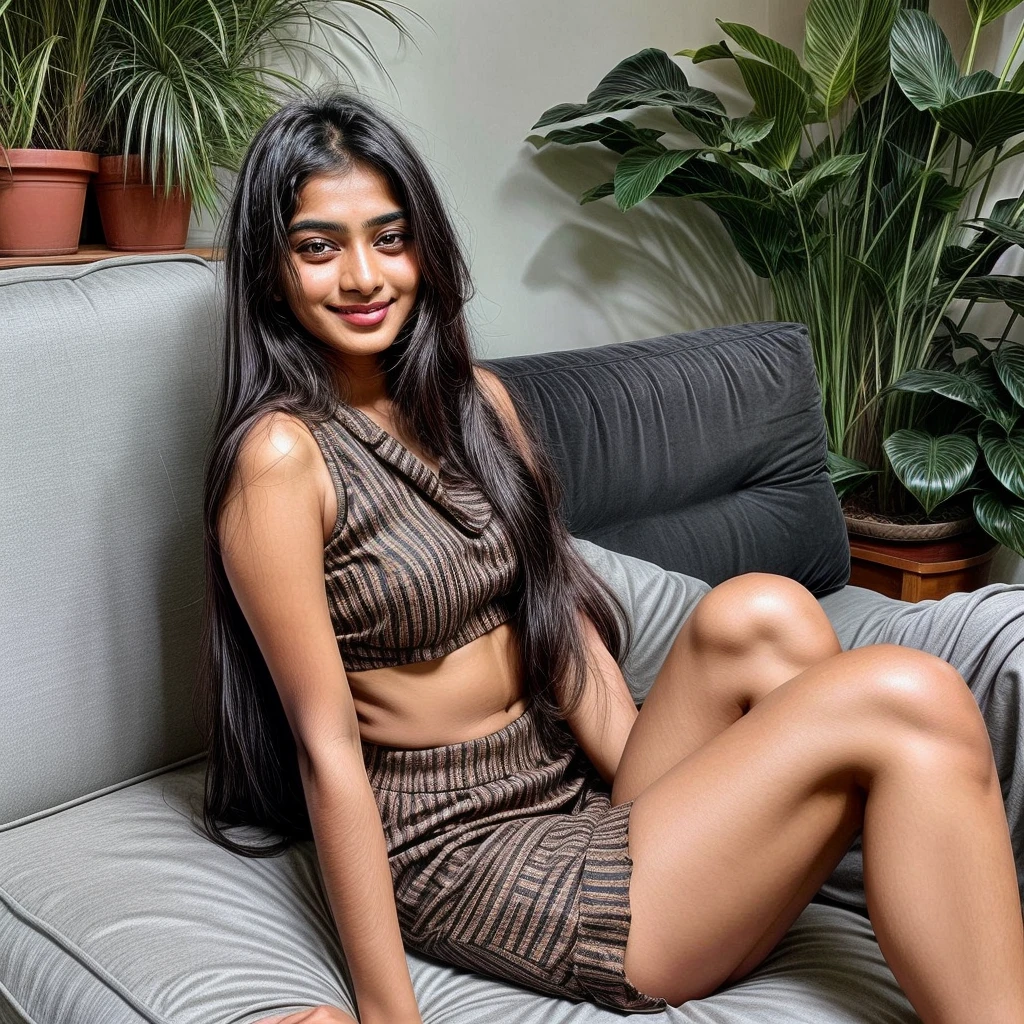 Beautiful cute young attractive sexy Indian teenage girl, city girl, 26 year old girl, cute, Instagram model, long black hair, in home sit at sofa, Indian, little smiling , smooth face with top scurt 