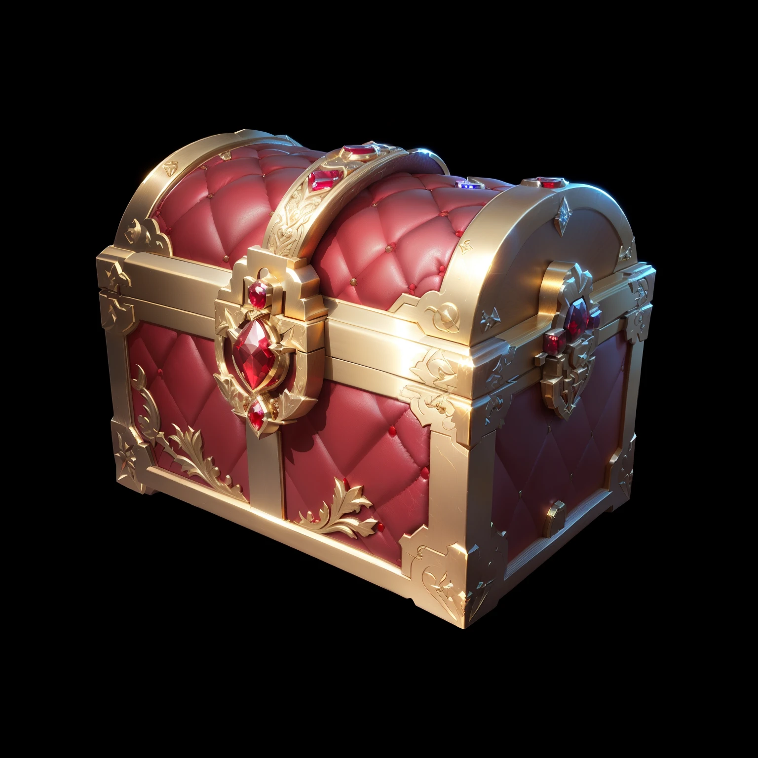 Red leather treasure chest with gold metal rim and rubies,Loot Boxes, Treasure ,A small amount of gold coins and sapphires,Metallic luster,Game assets, Treasure artifact, 3d icons for mobile games,Diablo concept style,