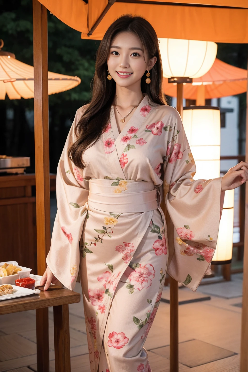 Highest quality,8K, Detailed facial depiction, Detailed description of the eyes,One Woman, Light brown hair(Medium-long hair),Beautiful Japanese Girl,24-years-old,Cute eyes,Cute Smile,Yukata beauty,Brown plain yukata,Slender body, Large, plump breast size, Long and beautiful legs,Smiling, Colorful earrings,necklace,Are standing,Beautiful nape,Japanese Summer Festivals,There are food stalls