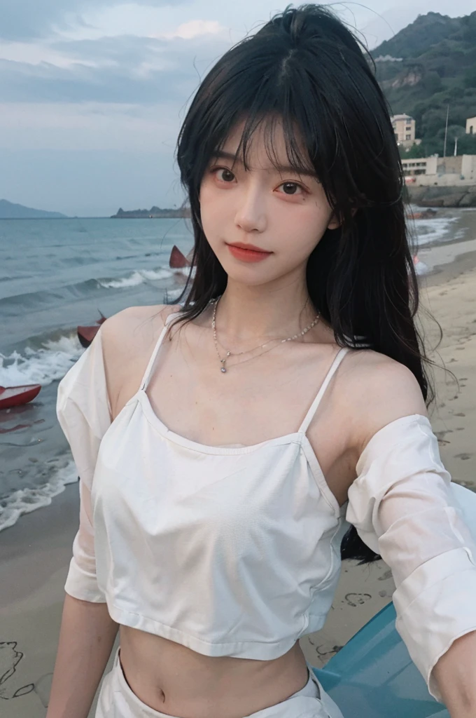 Best quality,Ultra-high resolution,(lifelike:1.4),Cute hairpin,1girll,Long curly hair,jk,Blush,Slim beauty:1.4,Visible abdominal muscles,on the beach,Ultra-fine face,Exquisite eyes,Double eyelids,necklace