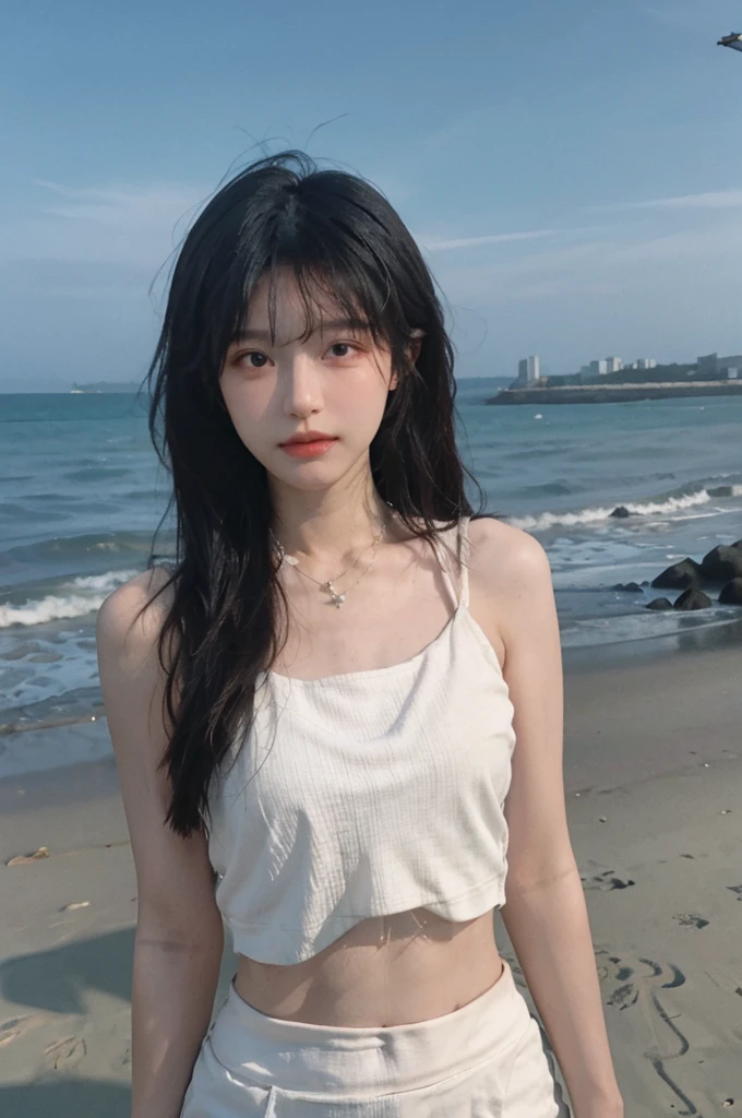 Best quality,Ultra-high resolution,(lifelike:1.4),Cute hairpin,1girll,Long curly hair,jk,Blush,Slim beauty:1.4,Visible abdominal muscles,on the beach,Ultra-fine face,Exquisite eyes,Double eyelids,necklace