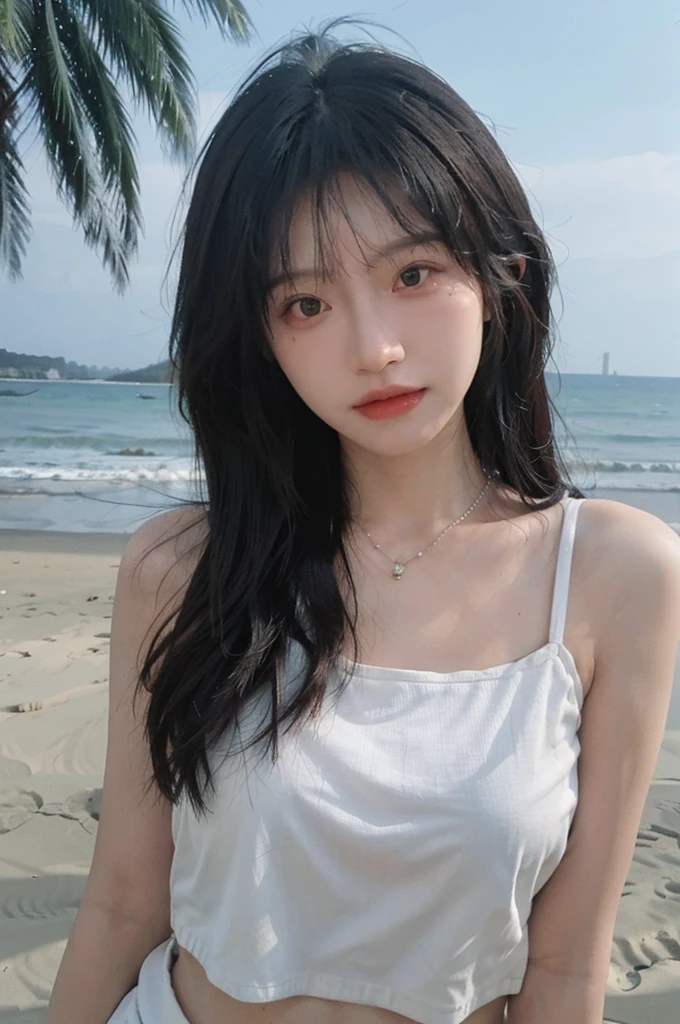 Best quality,Ultra-high resolution,(lifelike:1.4),Cute hairpin,1girll,Long curly hair,jk,Blush,Slim beauty:1.4,Visible abdominal muscles,on the beach,Ultra-fine face,Exquisite eyes,Double eyelids,necklace